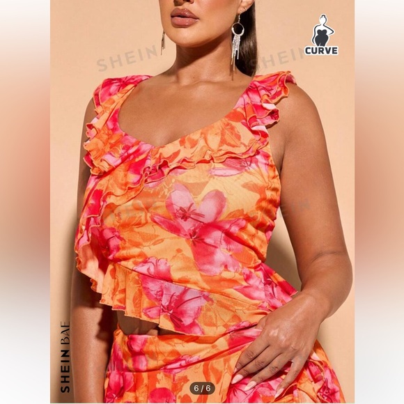 SHEIN BAE Orange Pink Rose Flowers Complex Layers Two Piece Skirt Set 0XL - Picture 2 of 6